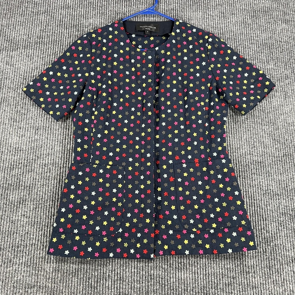 Hilton Hollis Jacket Womens 4‎ Navy Short Sleeve Collarless Floral Embroidered